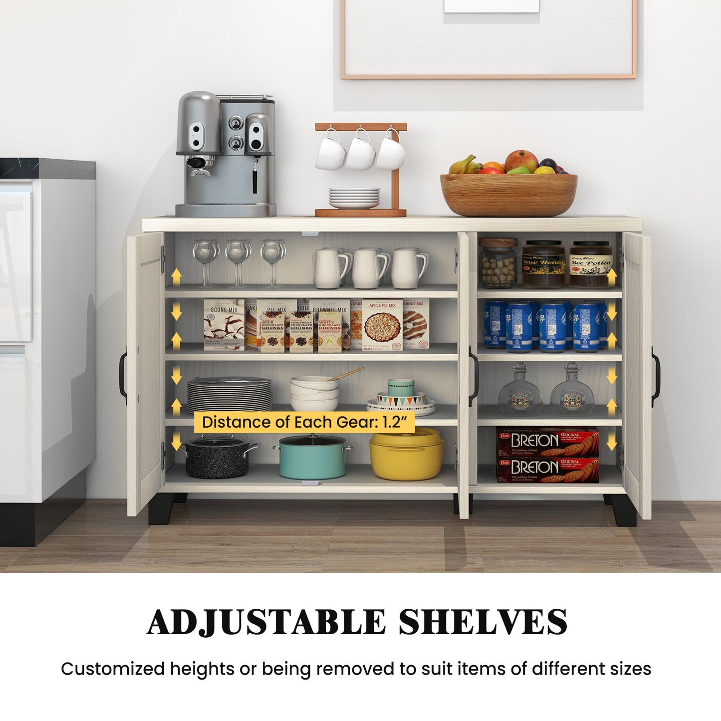 3-Door Buffet Sideboard, Adjustable Shelves, Anti-Tipping Kits, White Wash, White Sideboards Cabinets & Buffets at Gallery Canada