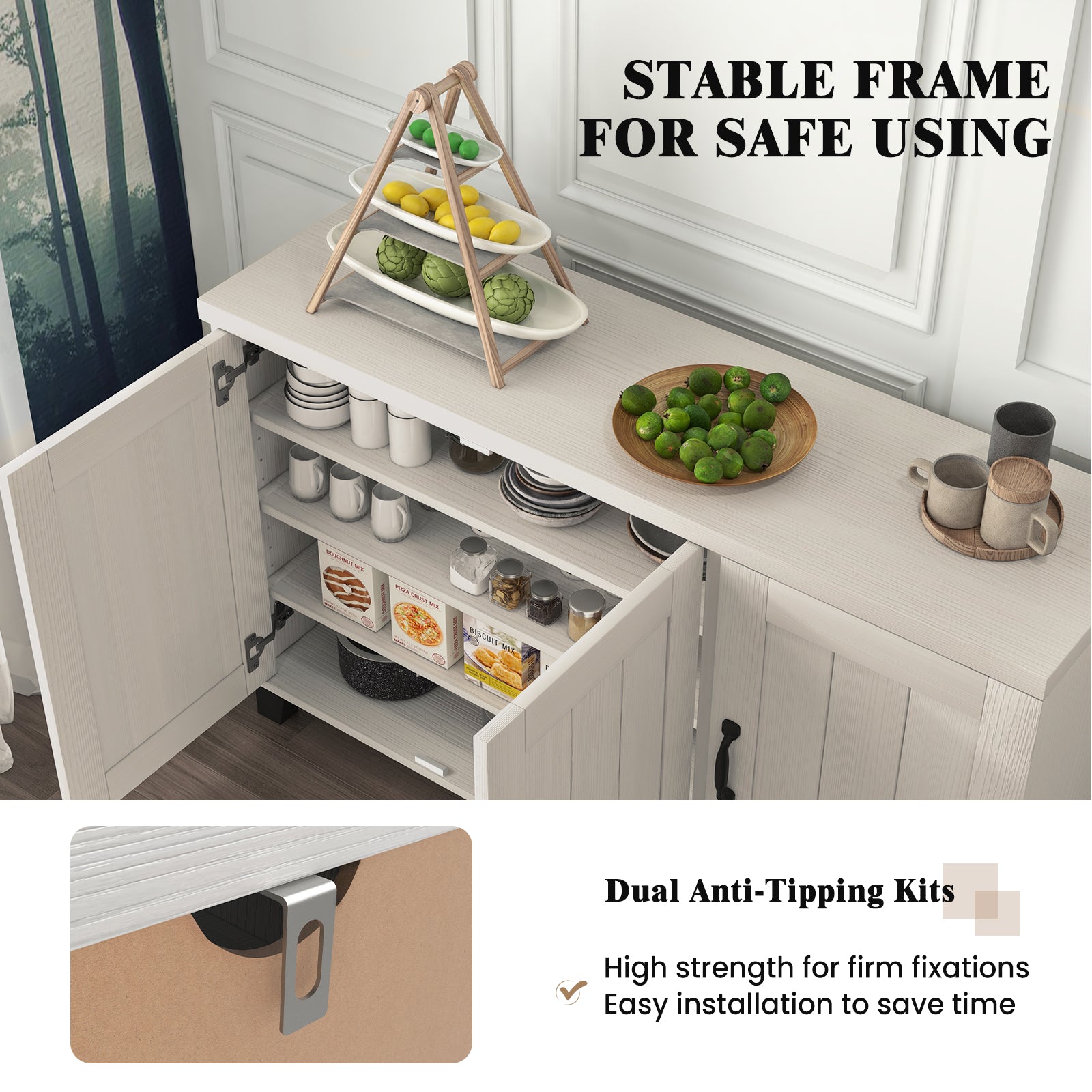 3-Door Buffet Sideboard, Adjustable Shelves, Anti-Tipping Kits, White Wash, White Sideboards Cabinets & Buffets at Gallery Canada