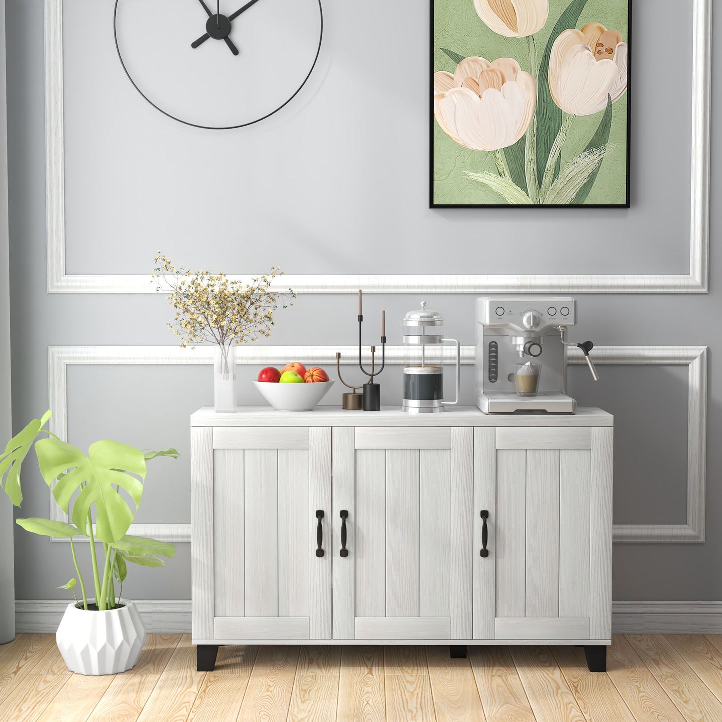 3-Door Buffet Sideboard, Adjustable Shelves, Anti-Tipping Kits, White Wash, White Sideboards Cabinets & Buffets at Gallery Canada
