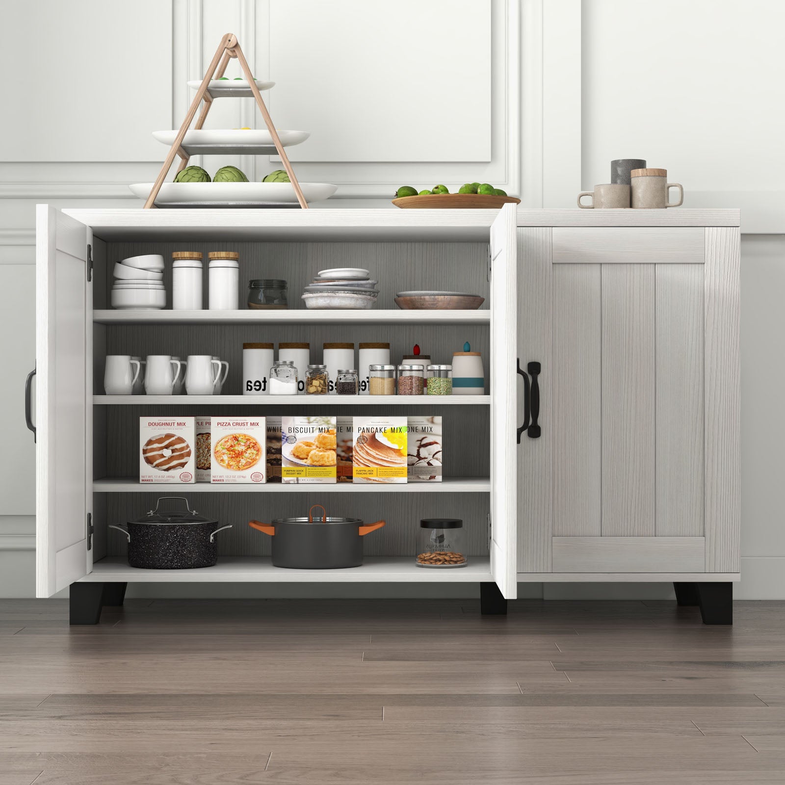 3-Door Buffet Sideboard, Adjustable Shelves, Anti-Tipping Kits, White Wash, White Sideboards Cabinets & Buffets at Gallery Canada