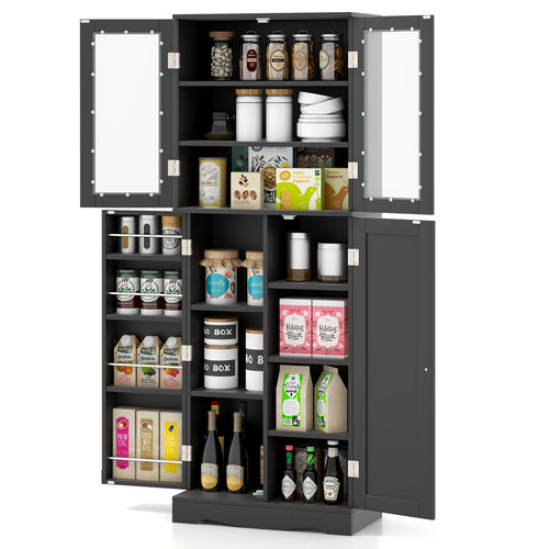 Tall Kitchen Pantry Cabinet, Dual Tempered Glass Doors, Black