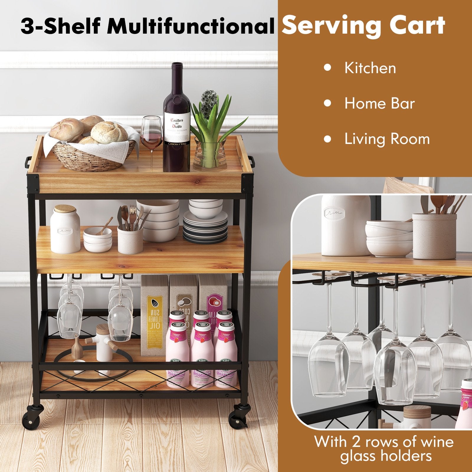 3 Tiers Industrial Bar Serving Cart with Utility Shelf and Handle Racks, Natural - Gallery Canada