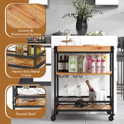 3 Tiers Industrial Bar Serving Cart with Utility Shelf and Handle Racks, Natural - Gallery Canada