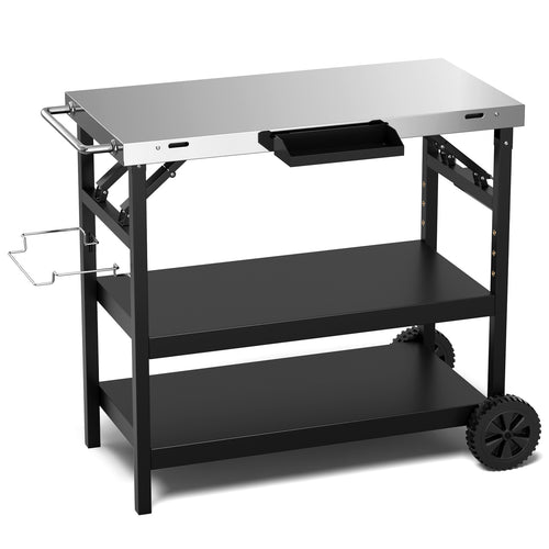 3-Tier Foldable Outdoor Cart, 2 Wheels, Phone Holder, Black
