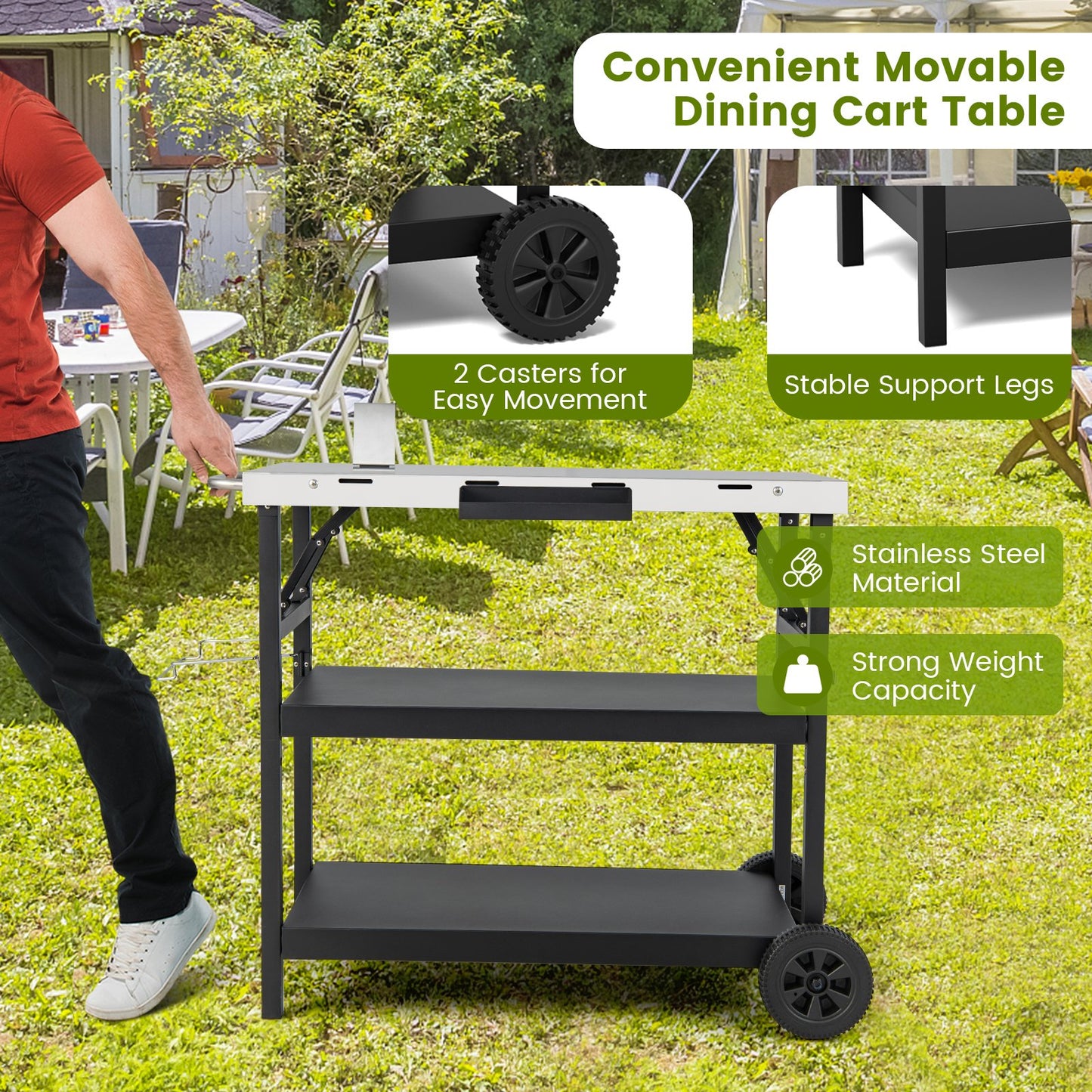 3 Tiers Foldable Outdoor Cart on 2 Wheels with Phone Holder, Black