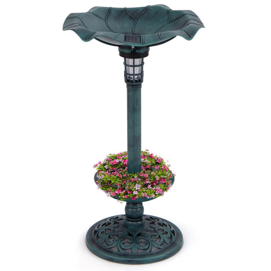 Standing Pedestal Birdbath and Feeder Combo with Lotus Leaf Bowl, Green