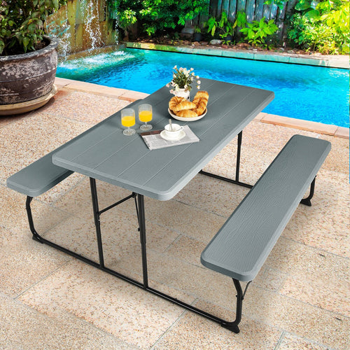 Indoor and Outdoor Folding Picnic Table Bench Set with Wood-like Texture, Gray
