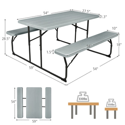 Indoor and Outdoor Folding Picnic Table Bench Set with Wood-like Texture, Gray - Gallery Canada