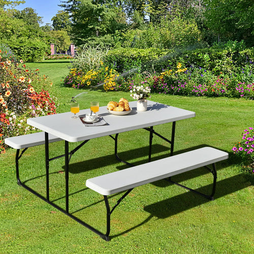 Indoor and Outdoor Folding Picnic Table Bench Set with Wood-like Texture, White
