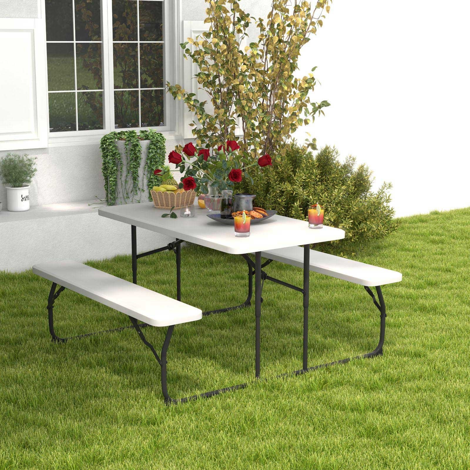 Indoor and Outdoor Folding Picnic Table Bench Set with Wood-like Texture, White - Gallery Canada