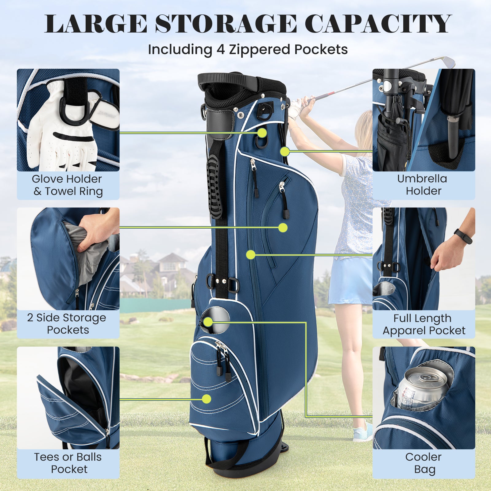 Golf Stand Cart Bag with 4 Way Divider Carry Organizer Pockets, Blue Golf at Gallery Canada