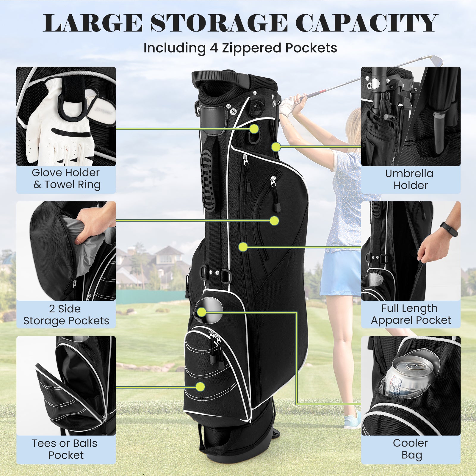 Golf Stand Cart Bag with 4 Way Divider Carry Organizer Pockets, Black Golf at Gallery Canada