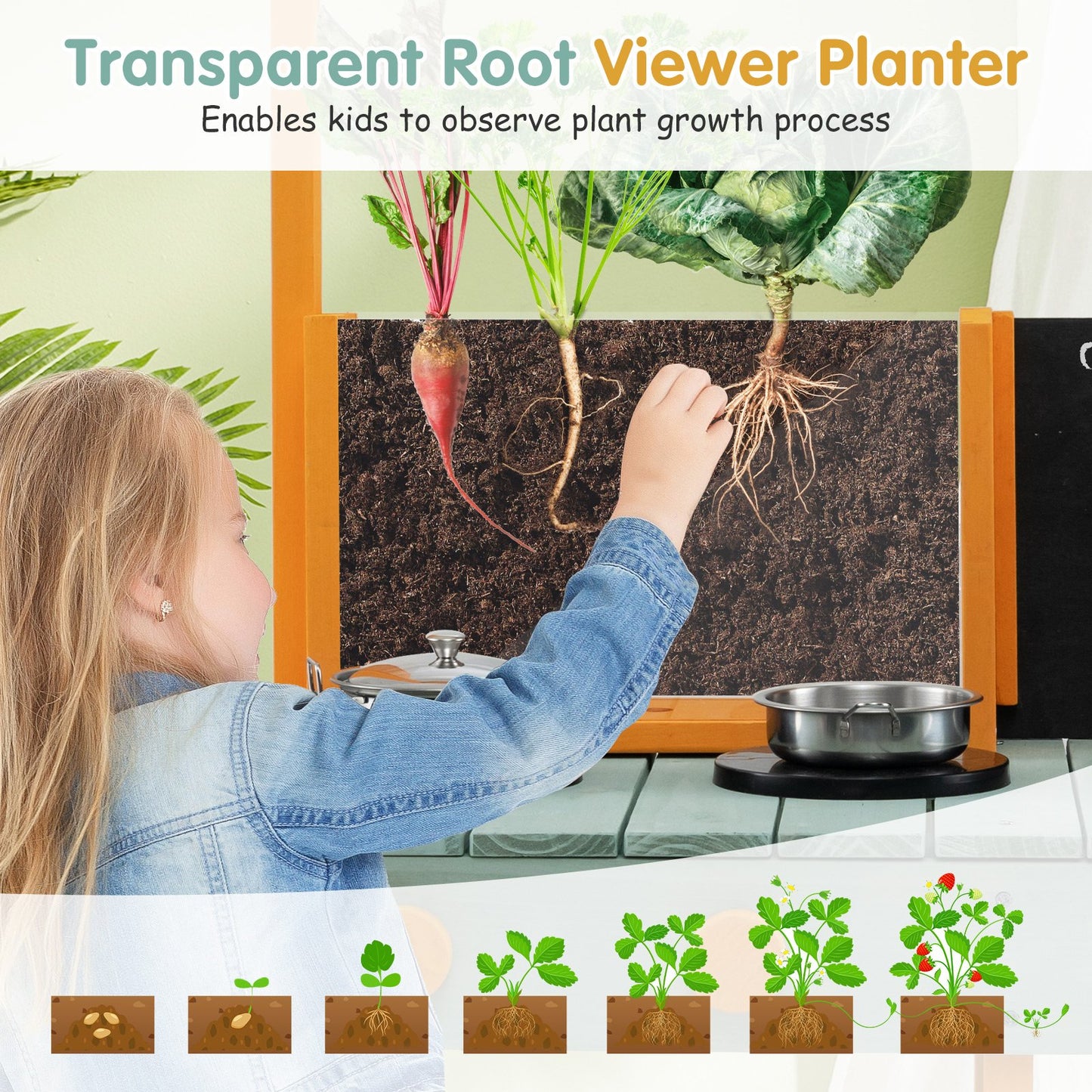 Kids Kitchen Playset with Root Viewer Planter and Rotatable Faucet
