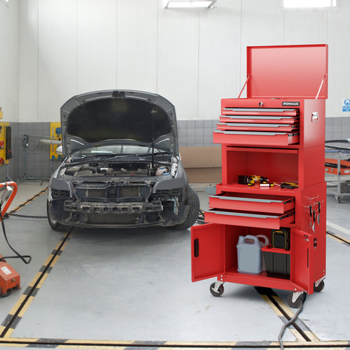 3-in-1 6-Drawer Rolling Tool Chest Storage Cabinet with Universal Wheels and Hooks, Red