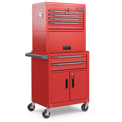 3-in-1 6-Drawer Rolling Tool Chest Storage Cabinet with Universal Wheels and Hooks, Red