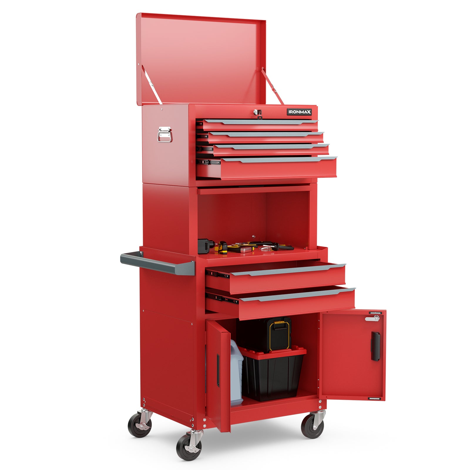 3-in-1 6-Drawer Rolling Tool Chest Storage Cabinet with Universal Wheels and Hooks, Red Garages at Gallery Canada