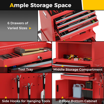3-in-1 6-Drawer Rolling Tool Chest Storage Cabinet with Universal Wheels and Hooks, Red Garages at Gallery Canada