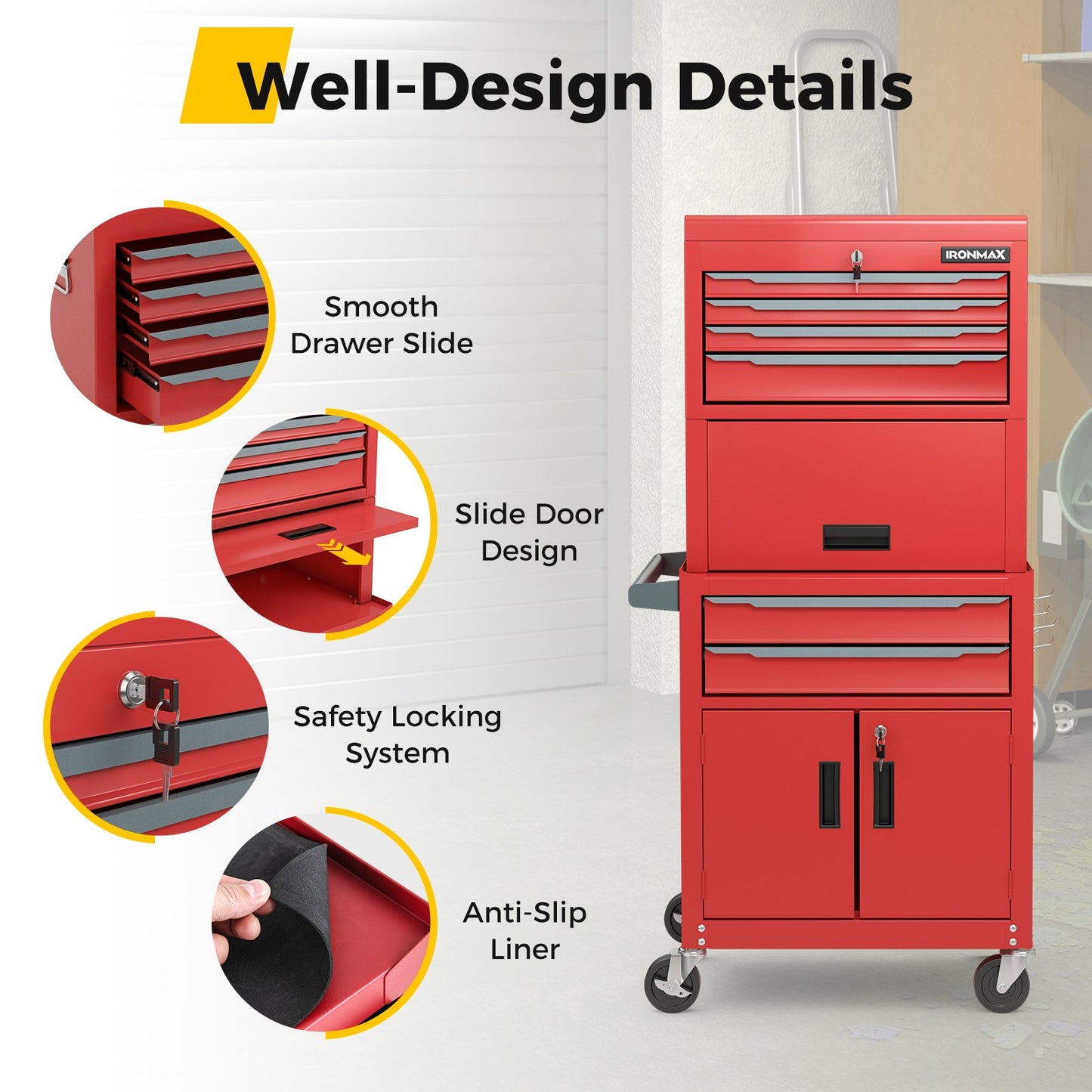 3-in-1 6-Drawer Rolling Tool Chest Storage Cabinet with Universal Wheels and Hooks, Red