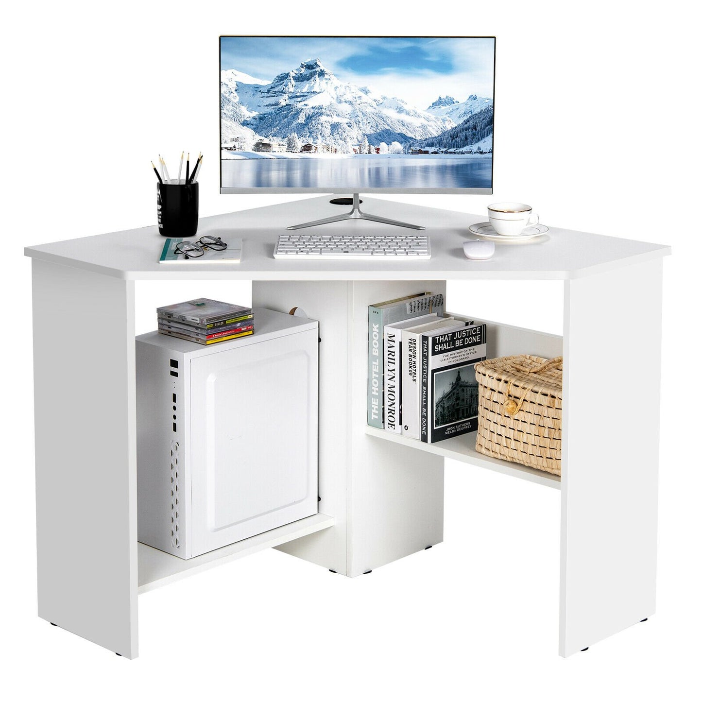 Corner Computer Desk Triangle Writing Workstation with Storage Shelf, White - Gallery Canada