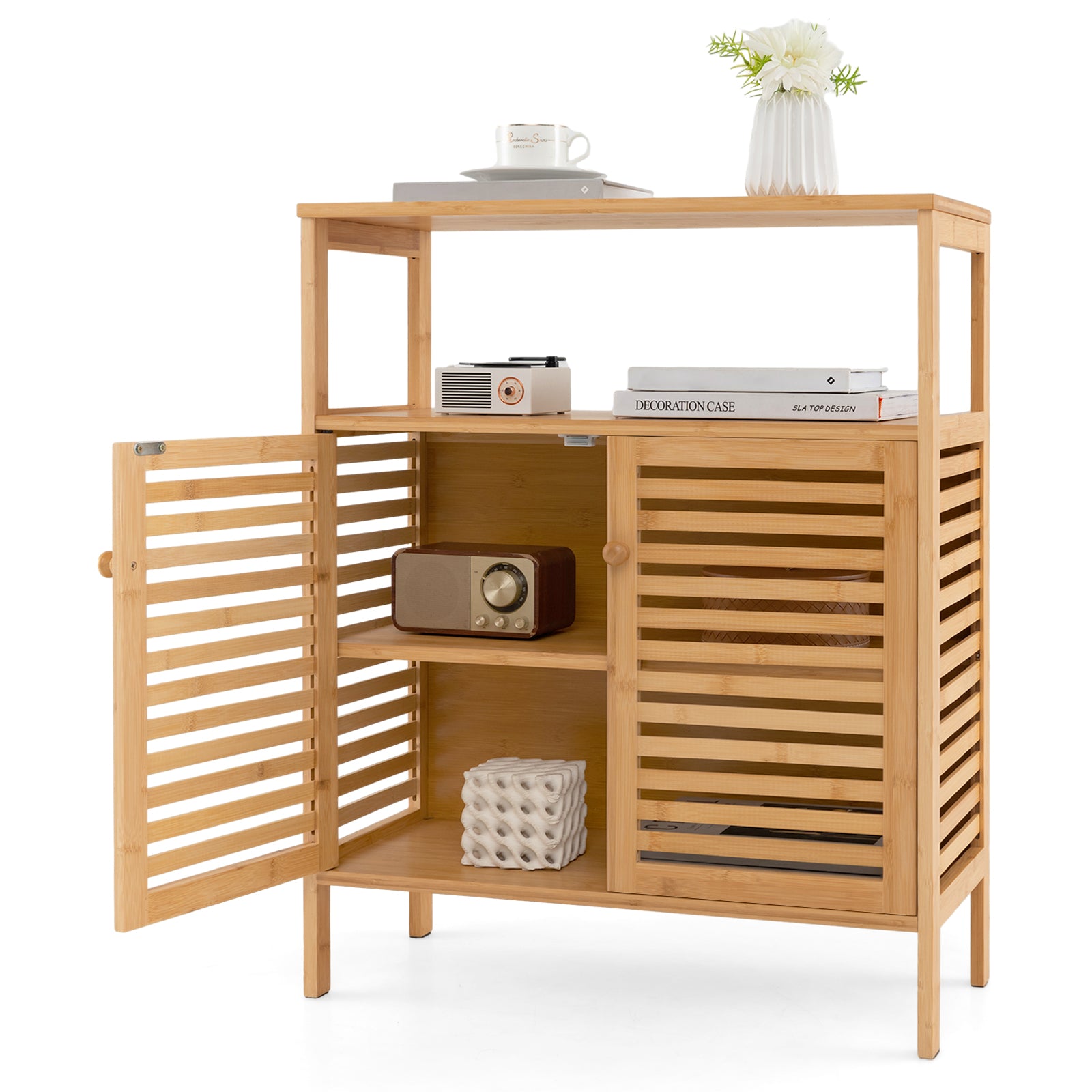 Bamboo Bathroom Floor Storage Cabinet with Shutter Doors, Natural Floor Cabinets at Gallery Canada