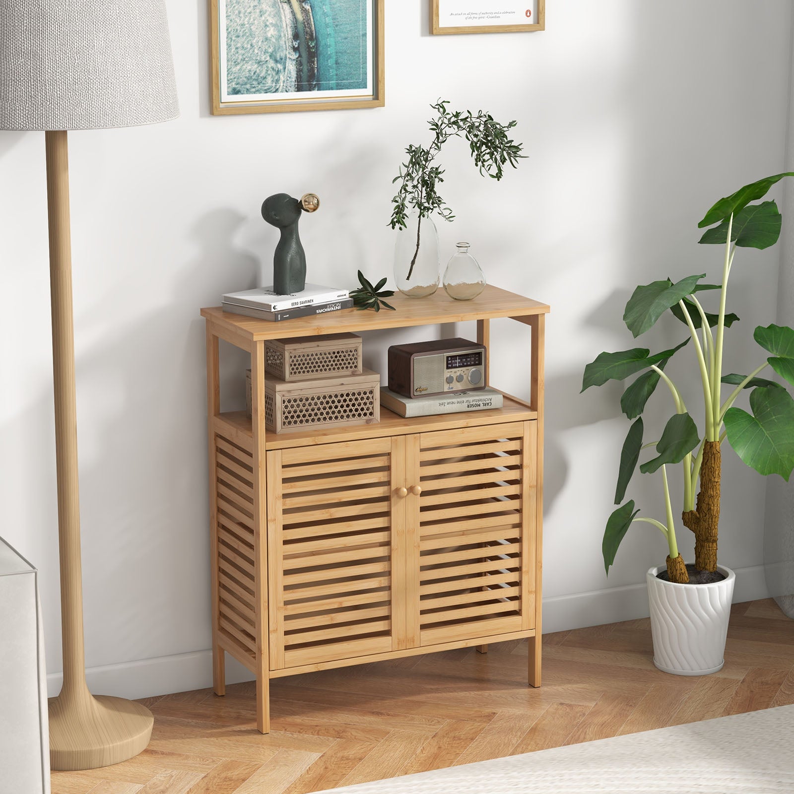 Bamboo Bathroom Floor Storage Cabinet with Shutter Doors, Natural Floor Cabinets at Gallery Canada