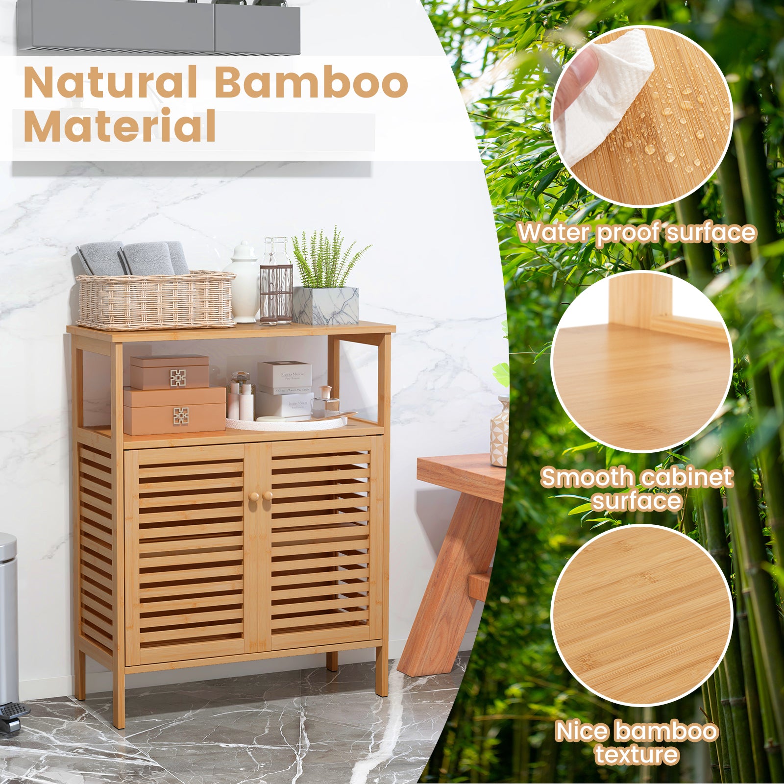 Bamboo Bathroom Floor Storage Cabinet with Shutter Doors, Natural Floor Cabinets at Gallery Canada