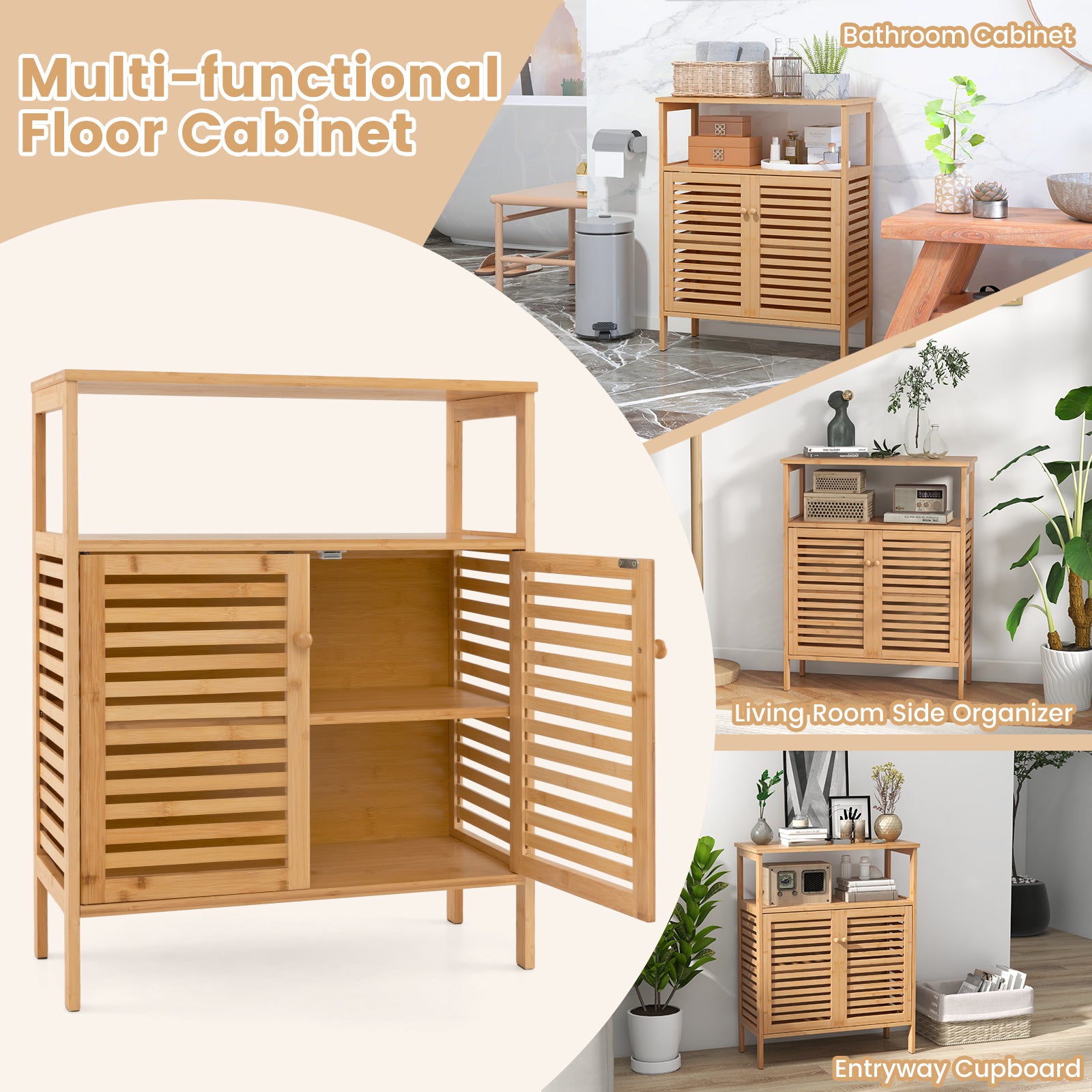 Bamboo Bathroom Floor Storage Cabinet with Shutter Doors, Natural Floor Cabinets at Gallery Canada
