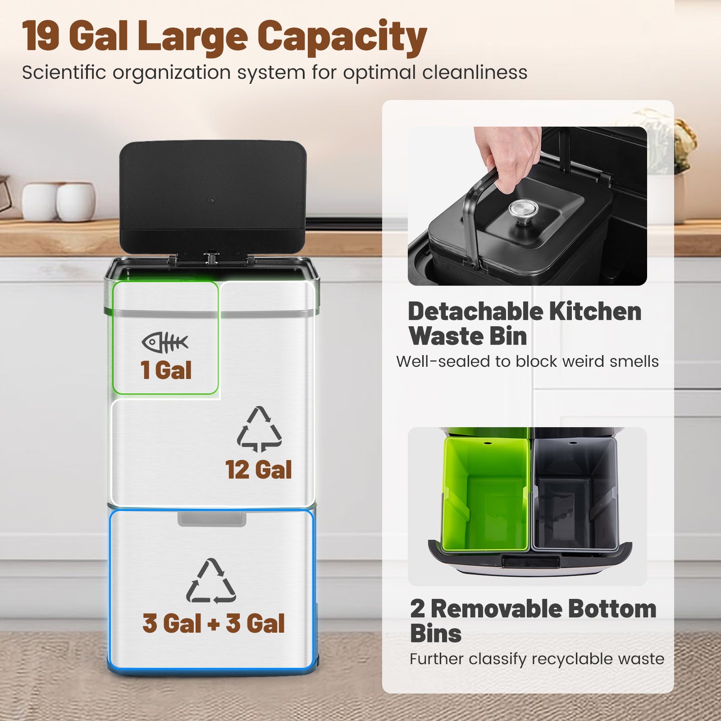 19 Gal Stainless Steel Trash Can with Kitchen Waste Bin and 2 Bottom Recycling Bins, Silver Kitchen Organization at Gallery Canada