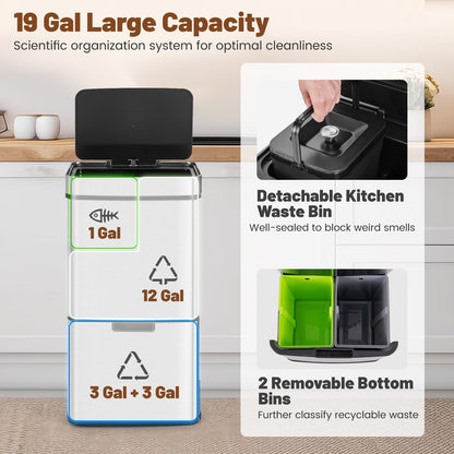19 Gal Stainless Steel Trash Can with Kitchen Waste Bin and 2 Bottom Recycling Bins, Silver Kitchen Organization at Gallery Canada