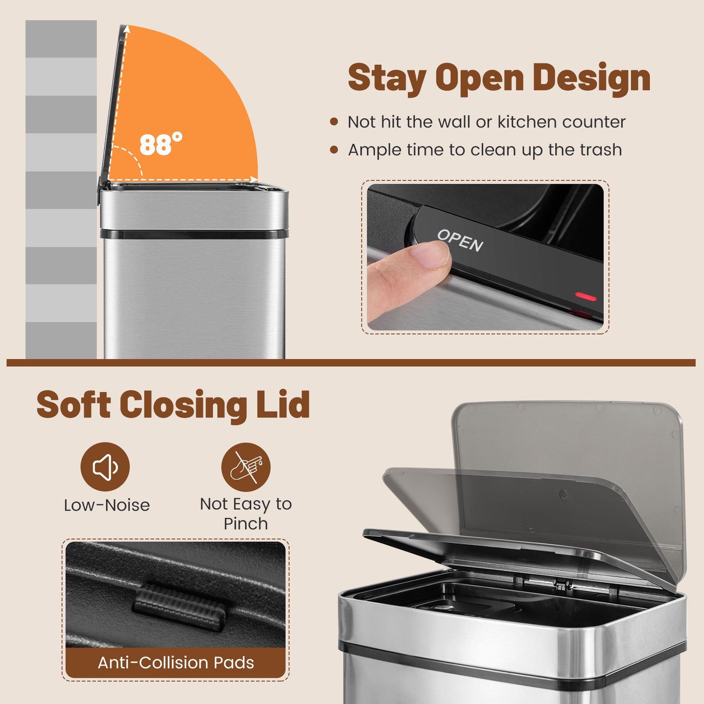 19 Gal Stainless Steel Trash Can with Kitchen Waste Bin and 2 Bottom Recycling Bins, Silver Kitchen Organization at Gallery Canada