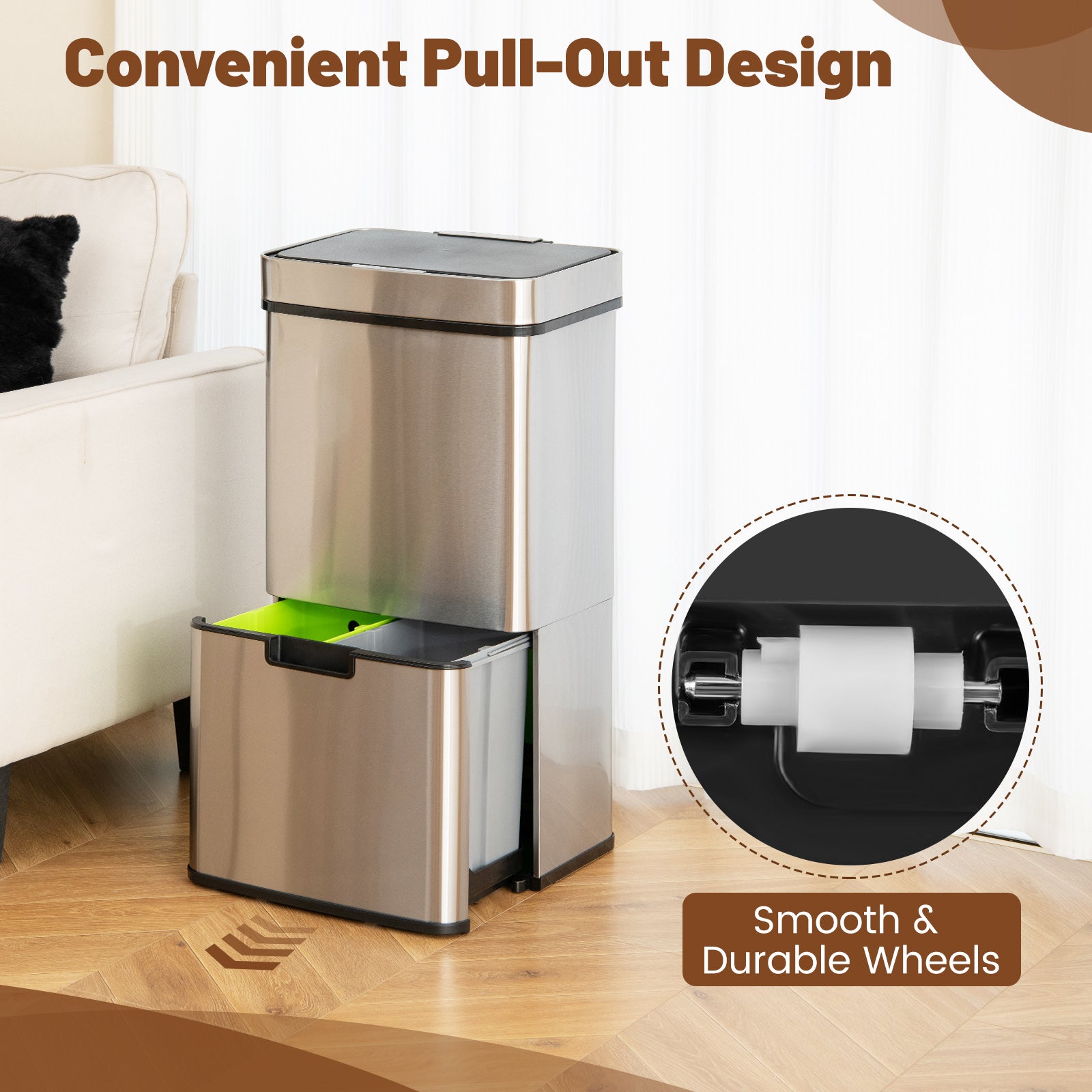 19 Gal Stainless Steel Trash Can with Kitchen Waste Bin and 2 Bottom Recycling Bins, Silver Kitchen Organization at Gallery Canada