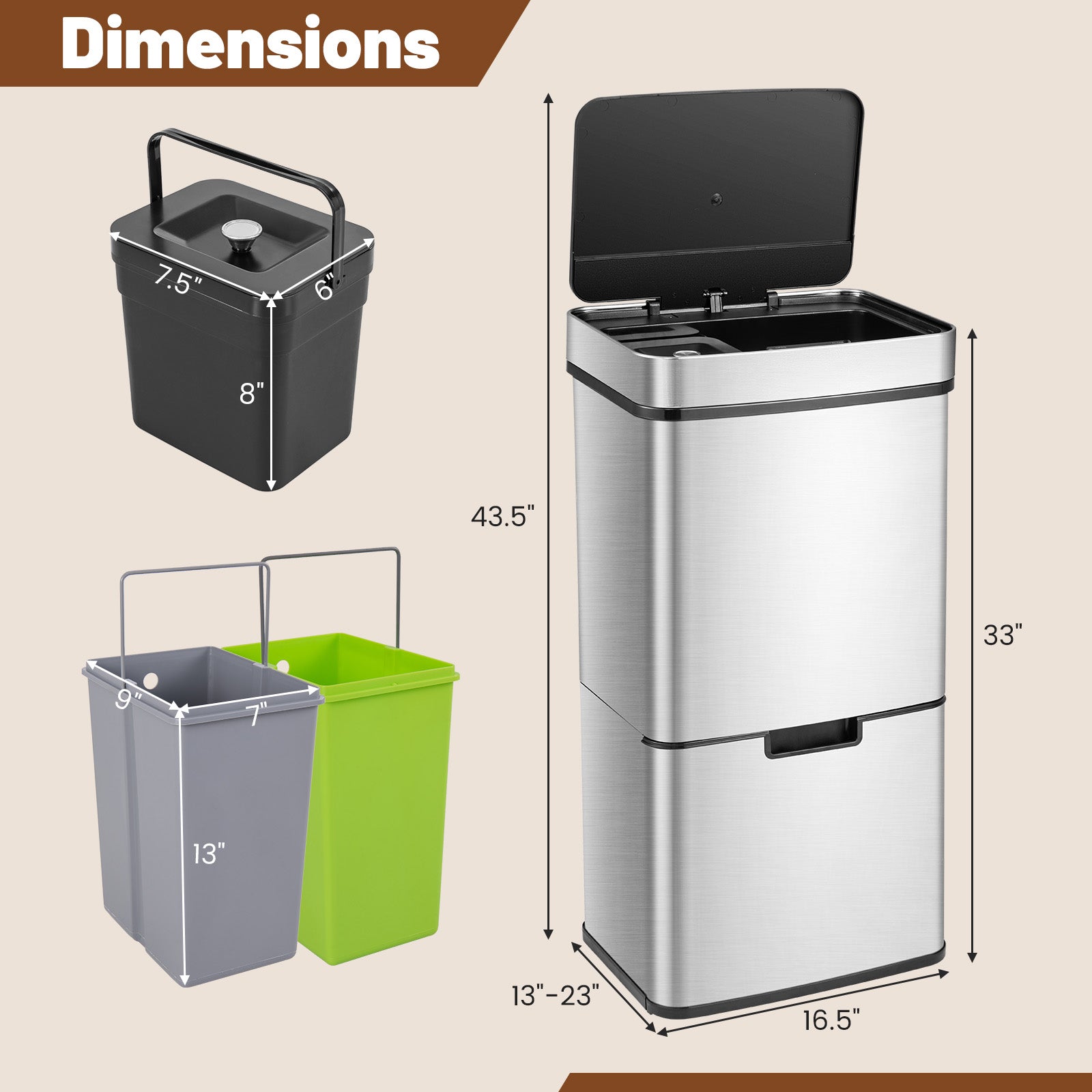 19 Gal Stainless Steel Trash Can with Kitchen Waste Bin and 2 Bottom Recycling Bins, Silver Kitchen Organization at Gallery Canada