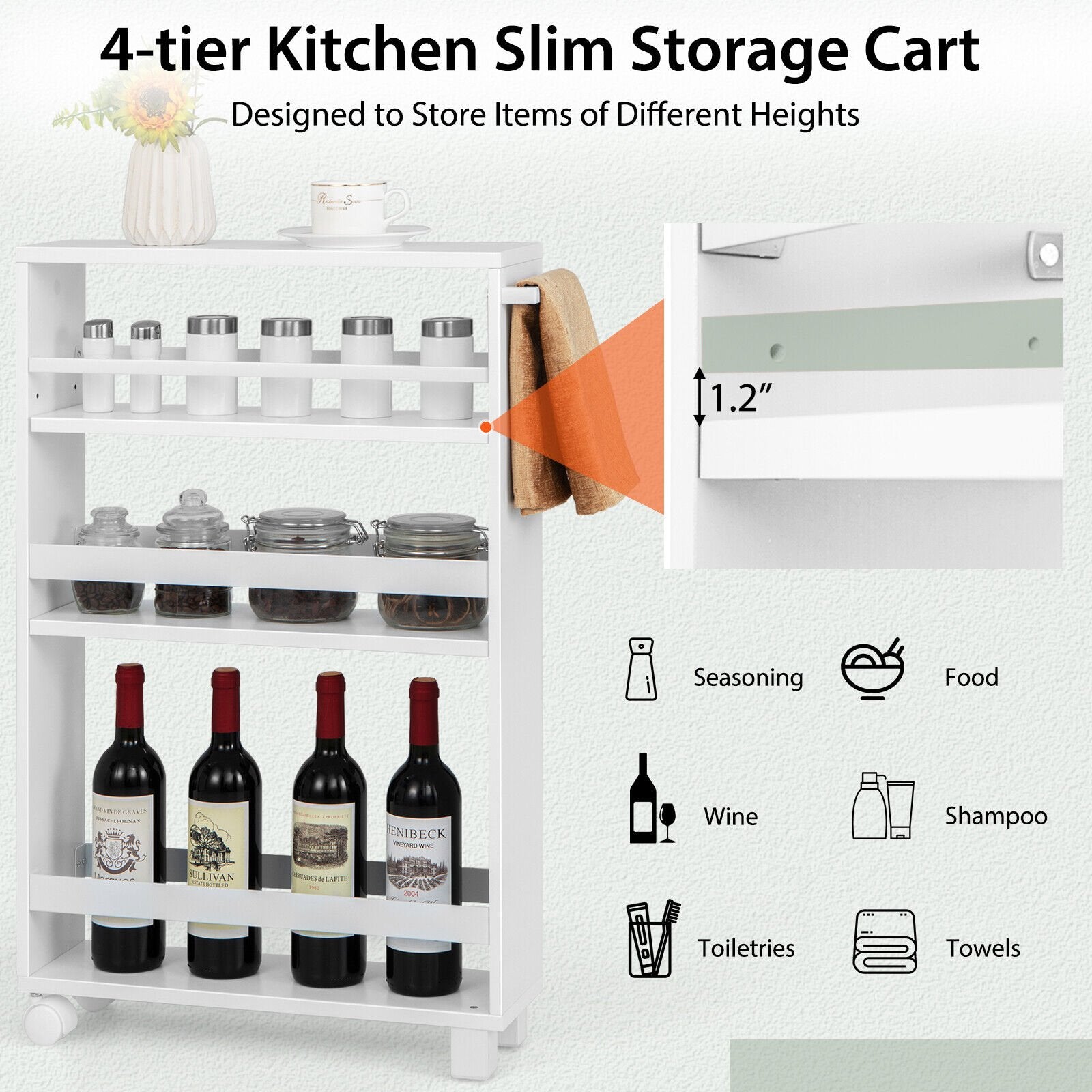 4-Tier Slim Kitchen Storage Cart Narrow Slide Out Trolley Adjustable Shelf, White - Gallery Canada