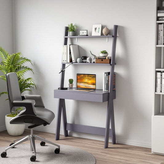Ladder Shelf Desk Bookcase with Countertop  Drawer and 2 Shelves, Gray - Gallery Canada