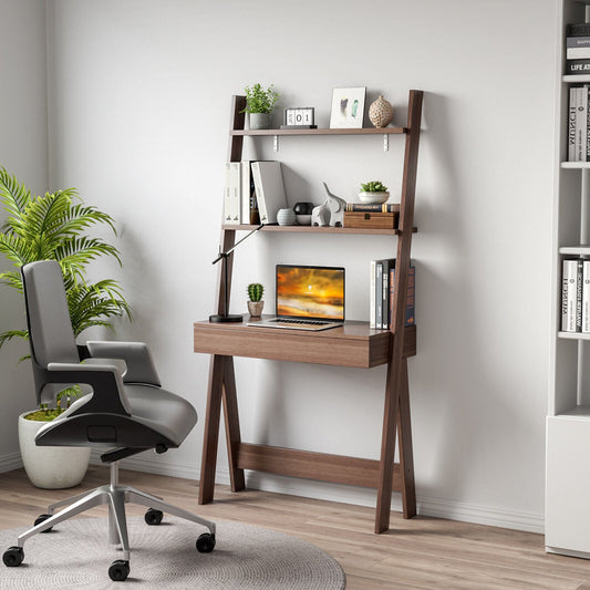 Ladder Shelf Desk Bookcase with Countertop  Drawer and 2 Shelves, Walnut - Gallery Canada