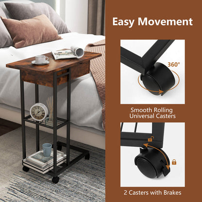 C-Shaped End Side Table with Charging Station and Wheels, Rustic Brown - Gallery Canada