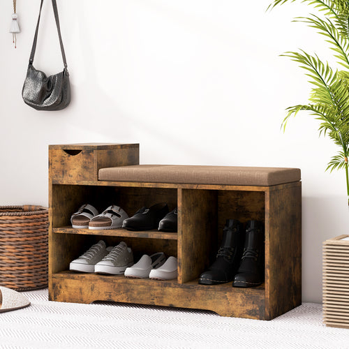 Entryway Storage Shoe Bench with 1 Storage Drawer and 3 Open Compartments, Rustic Brown
