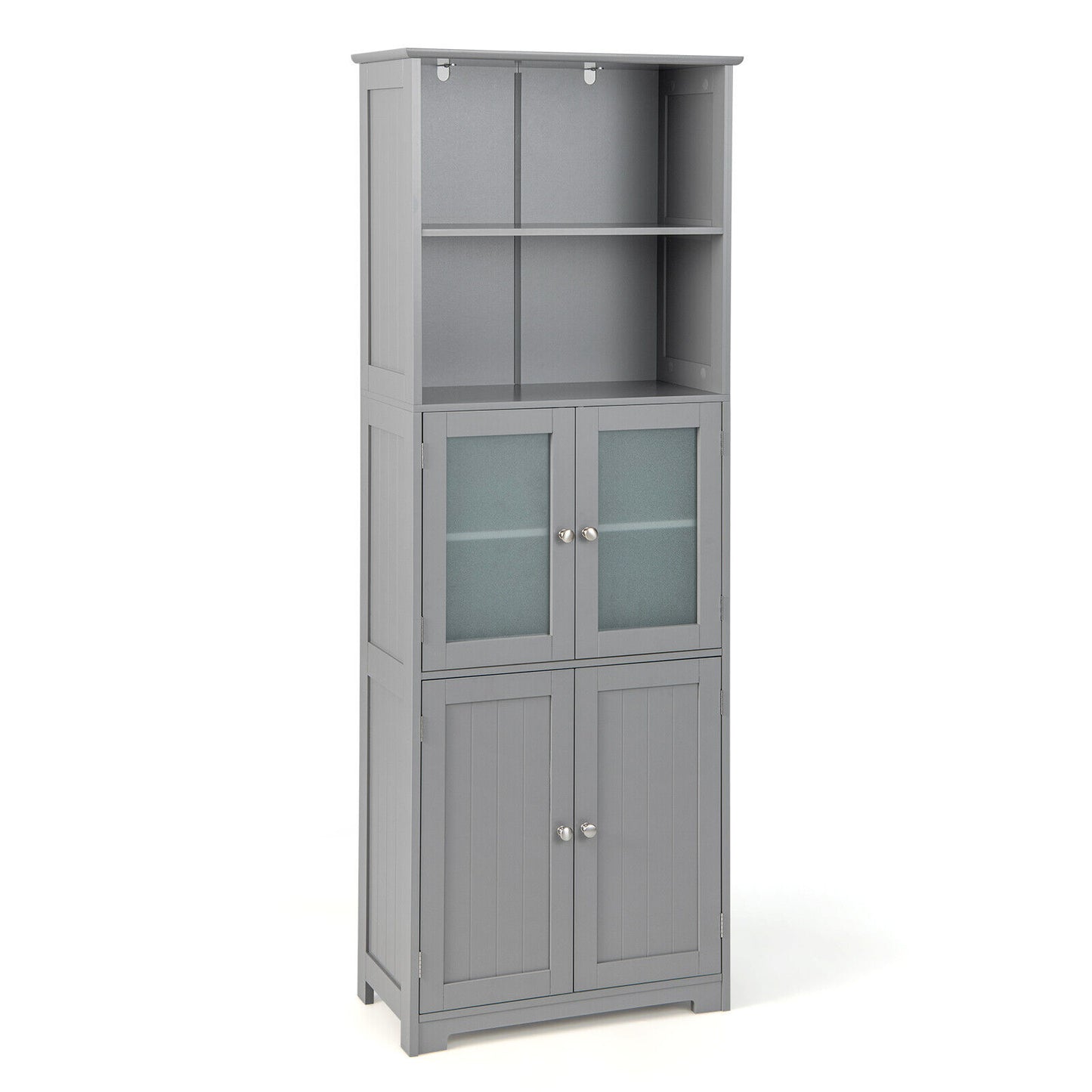 6-Tier Freestanding Bathroom Cabinet with 2 Open Compartments and Adjustable Shelves, Gray Floor Cabinets at Gallery Canada