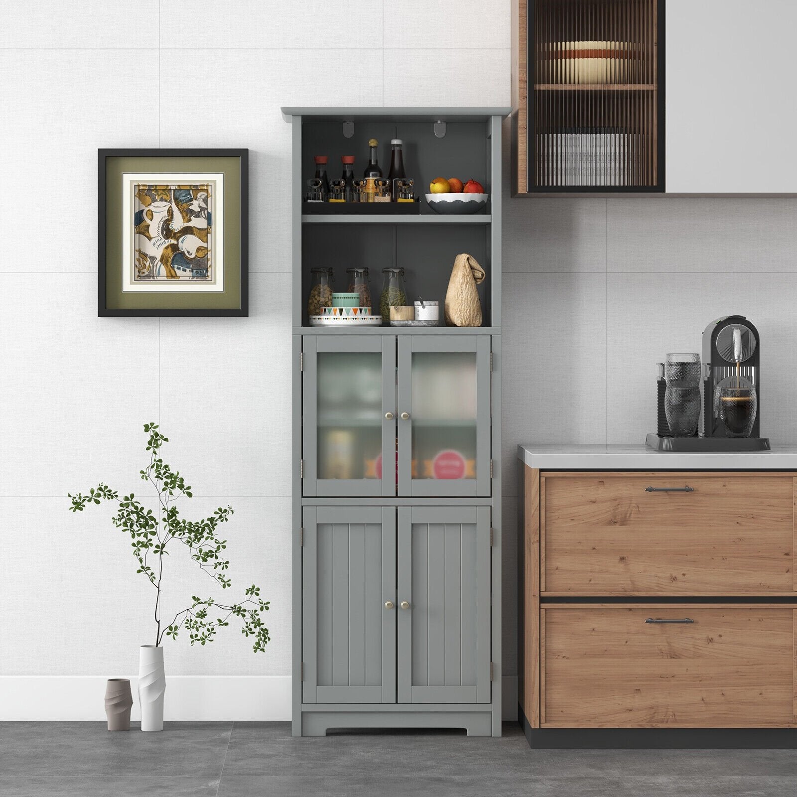 6-Tier Freestanding Bathroom Cabinet with 2 Open Compartments and Adjustable Shelves, Gray - Gallery Canada