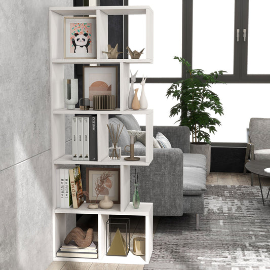 5 Tiers 63 Inch Tall Geometric Wooden Bookshelf with 8 Display Shelves, White - Gallery Canada