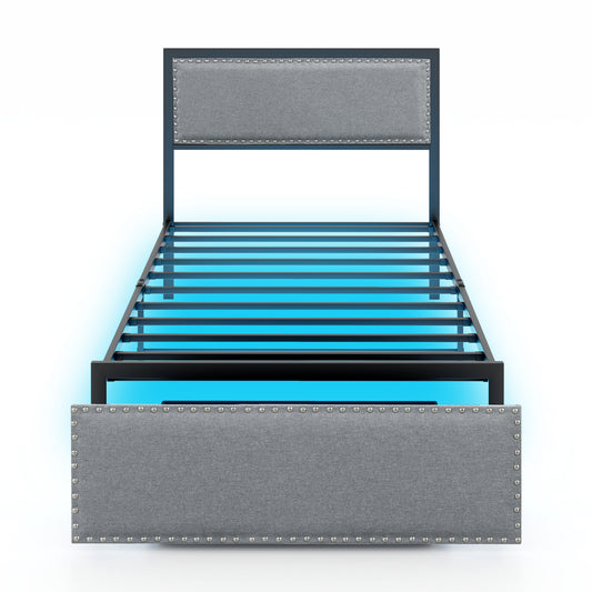 Twin Size Bed Frame With LED Lights, Drawer, Metal Slats, Gray Simple Bed Frame Gray at Gallery Canada