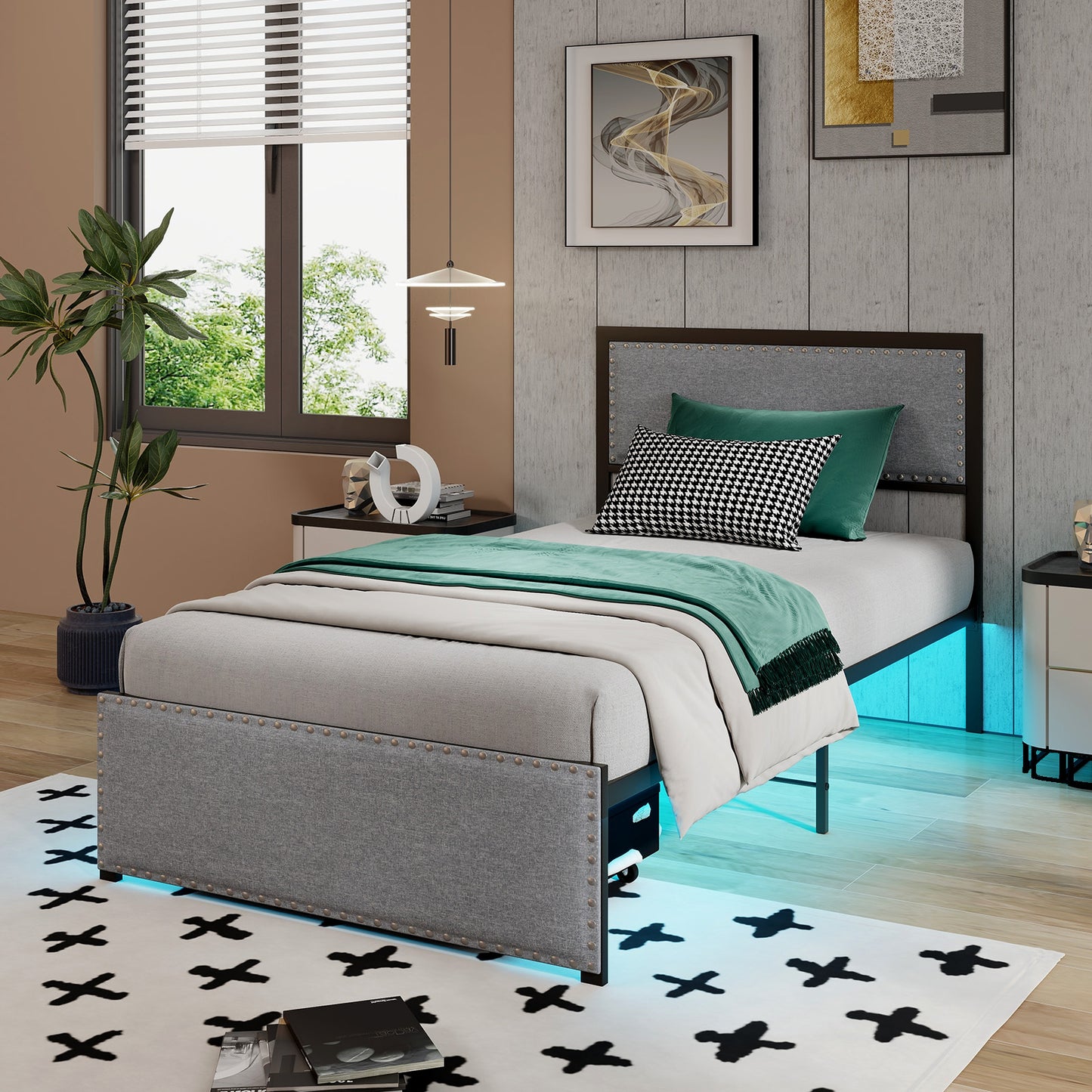 Full/Queen/Twin Size Bed Frame with LED Lights Drawer and Metal Slats-Twin Size, Gray Simple Bed Frame at Gallery Canada