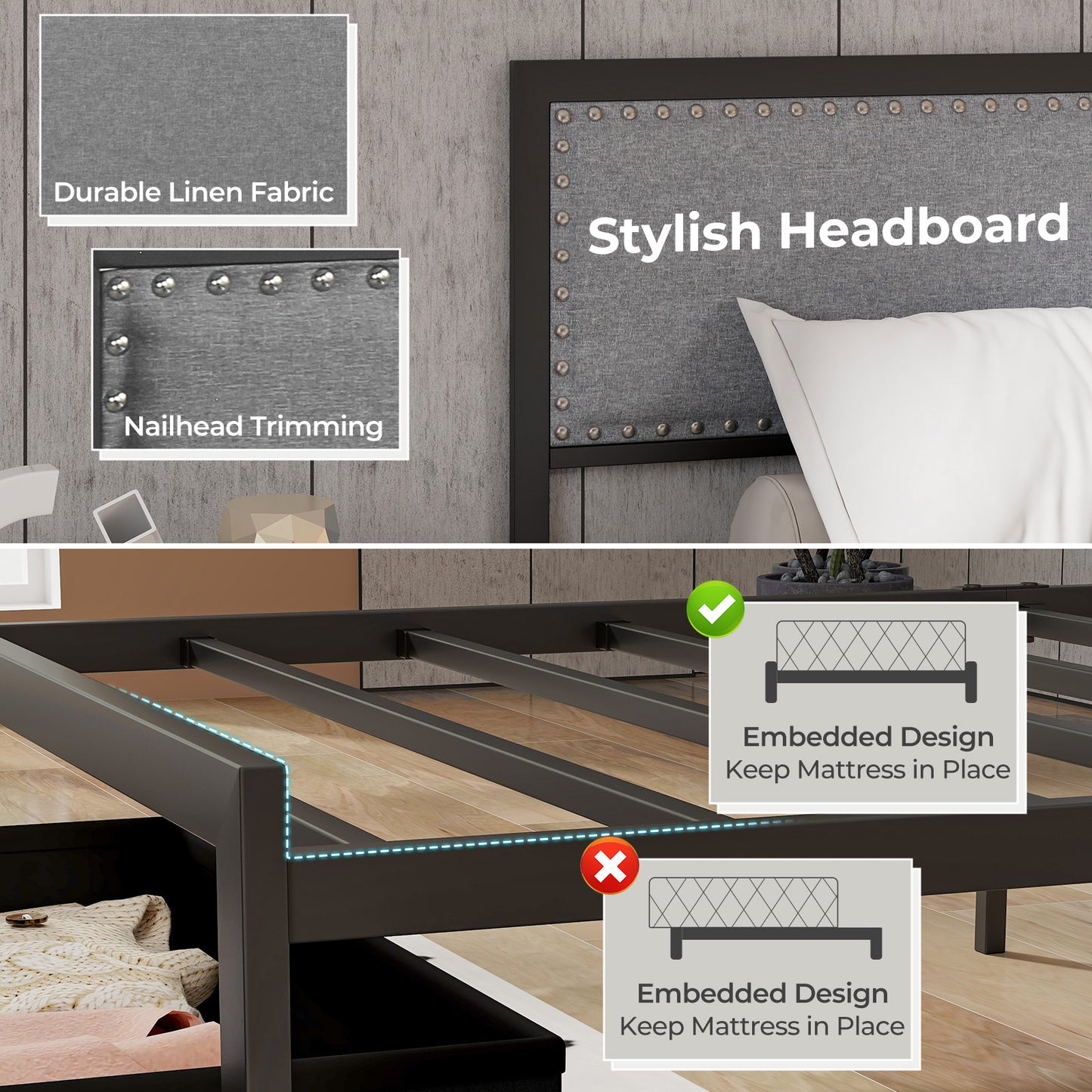 Full/Queen/Twin Size Bed Frame with LED Lights Drawer and Metal Slats-Twin Size, Gray Simple Bed Frame at Gallery Canada