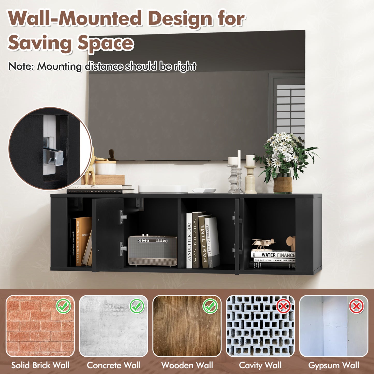 Wall Mounted Floating Desk Hutch, 2 Door Storage Shelves, Black Living Room at Gallery Canada