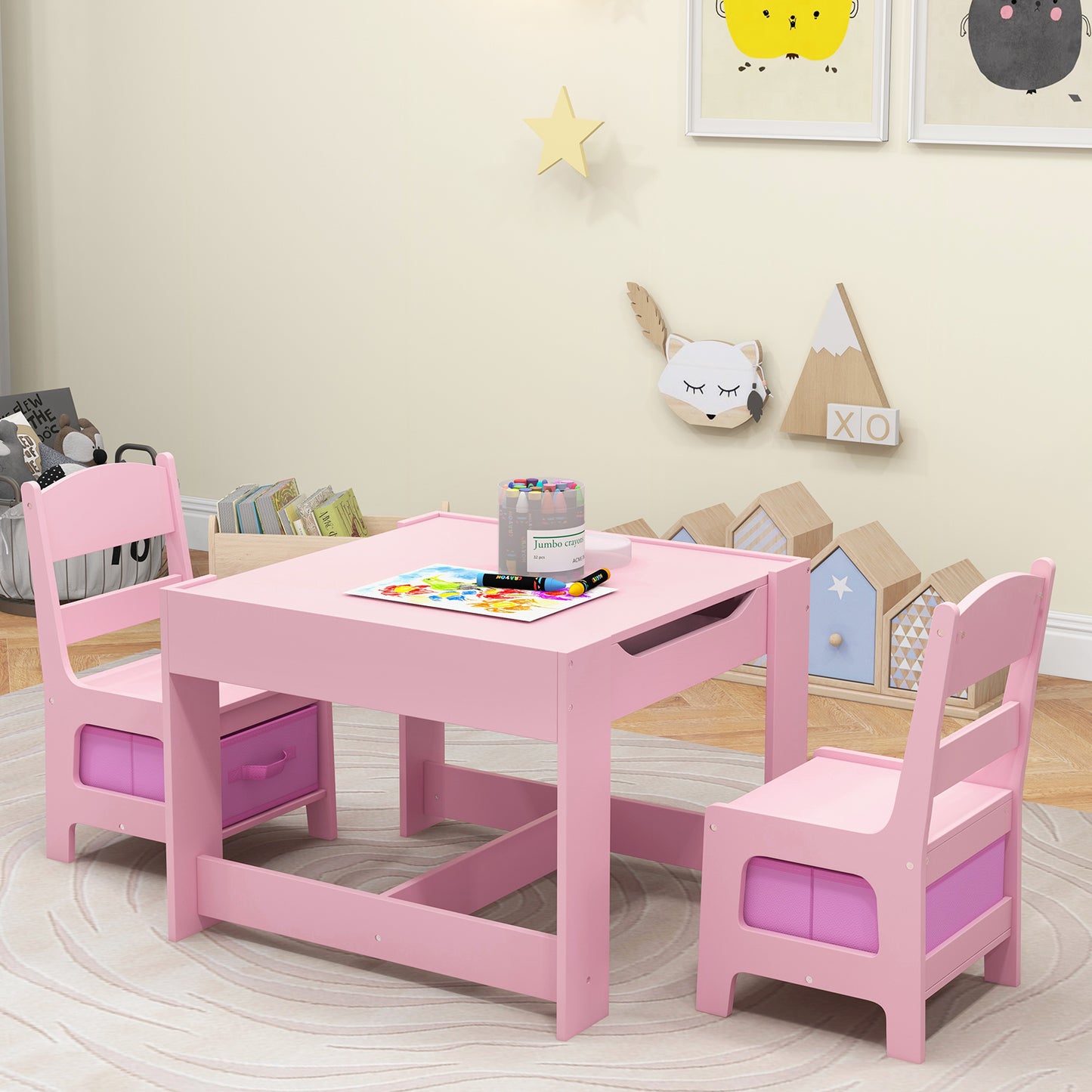 Kids Table Chairs Set With Storage Boxes Blackboard Whiteboard Drawing, Pink Kids Table & Chair Sets at Gallery Canada