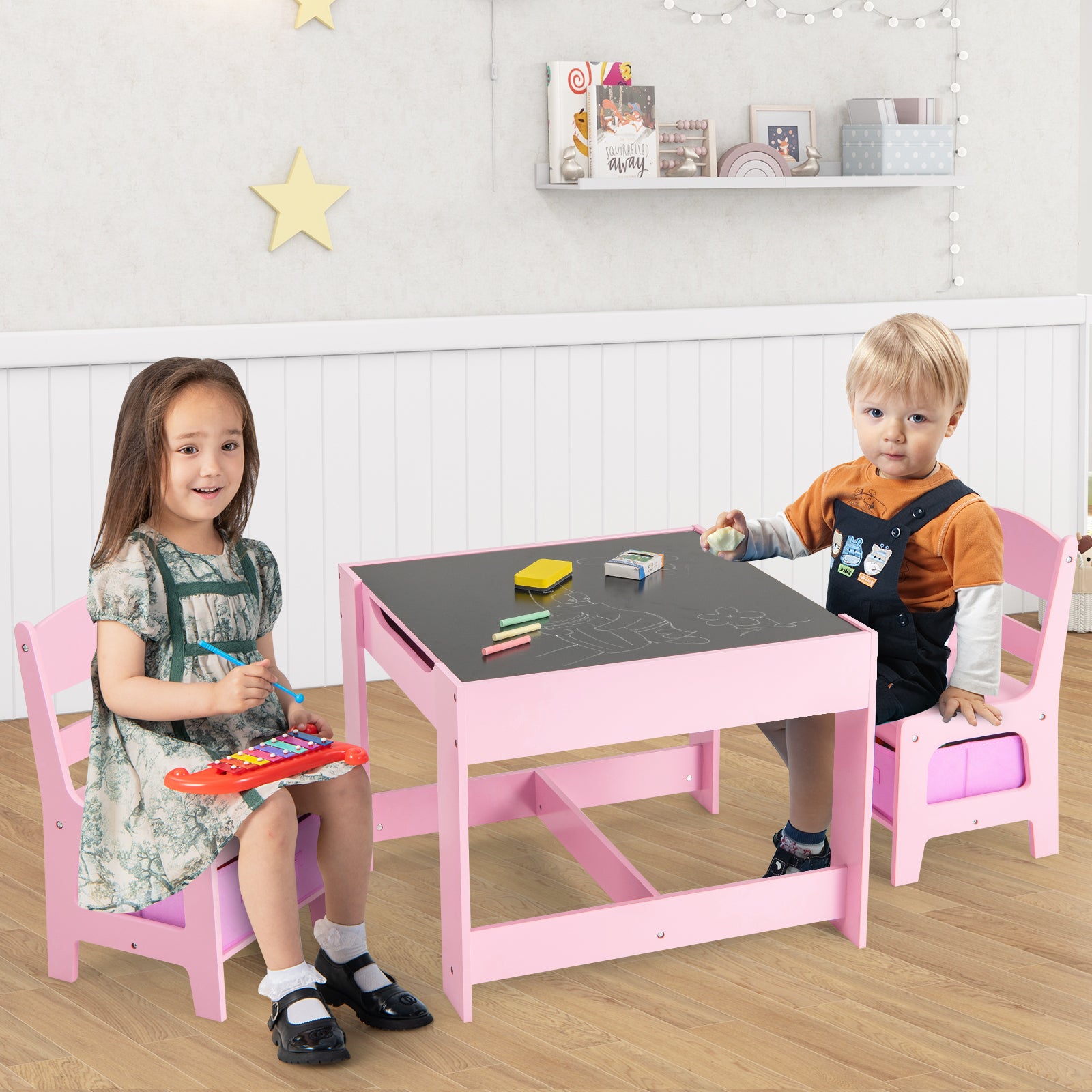 Kids Table Chairs Set With Storage Boxes Blackboard Whiteboard Drawing, Pink Kids Table & Chair Sets at Gallery Canada