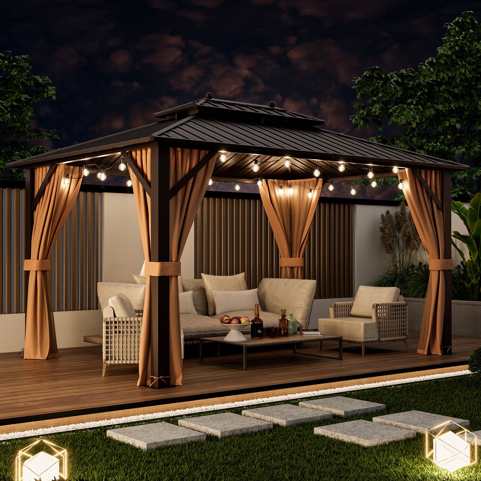 10x13ft Double-Roof Patio Hardtop Gazebo with Galvanized Steel Roof Netting and Curtains, Coffee Gazebos at Gallery Canada