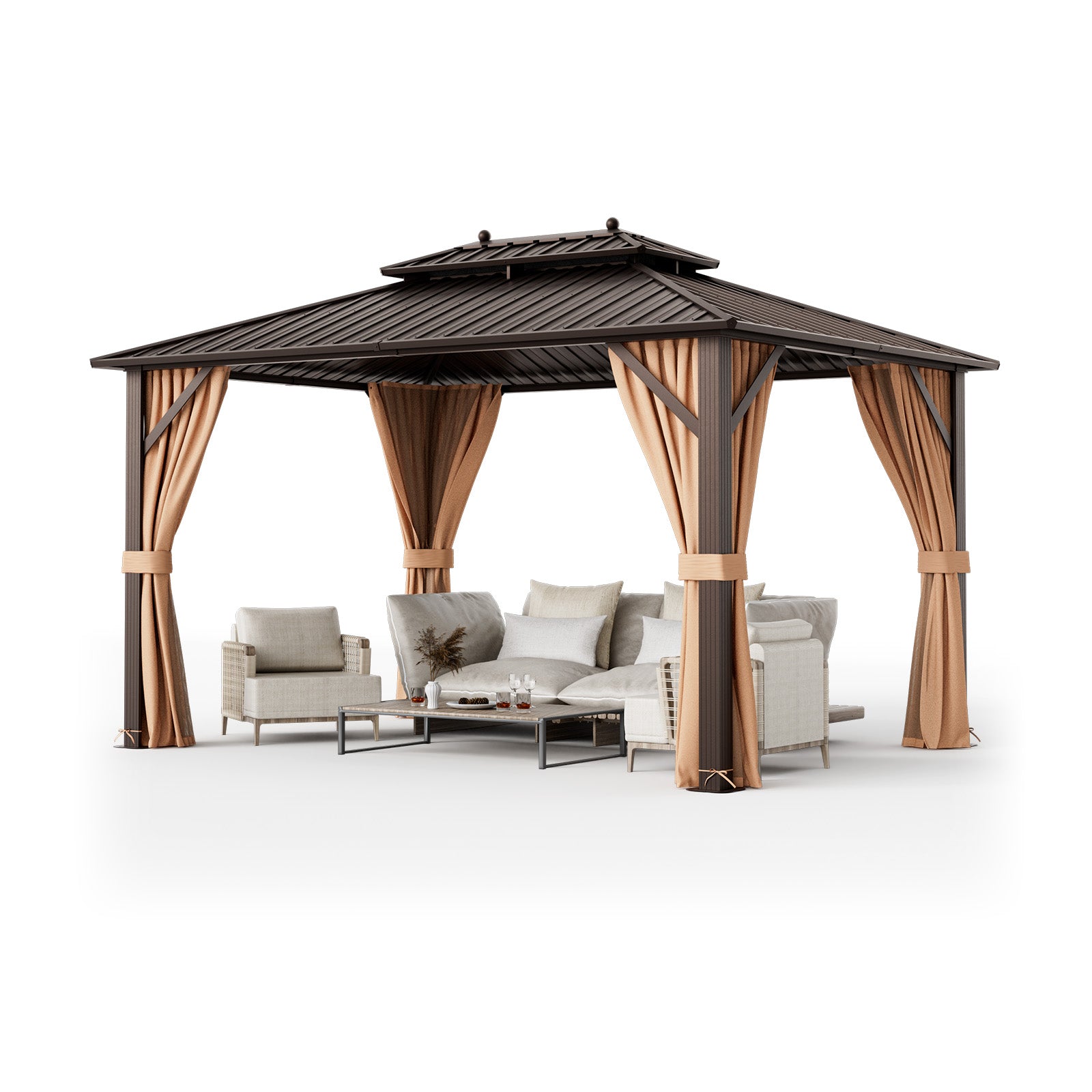 10x13ft Double-Roof Patio Hardtop Gazebo with Galvanized Steel Roof Netting and Curtains, Coffee Gazebos at Gallery Canada