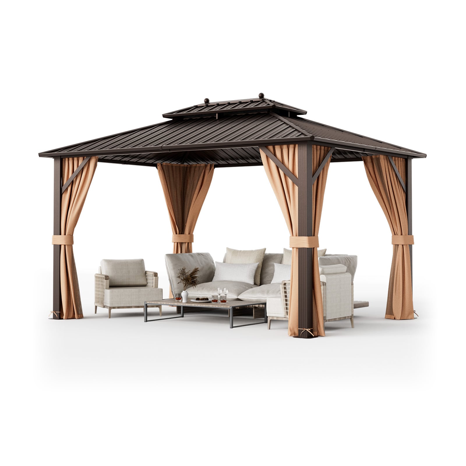 10x13ft Hardtop Gazebo, Galvanized Steel Roof, Curtains, Coffee Gazebos Coffee at Gallery Canada