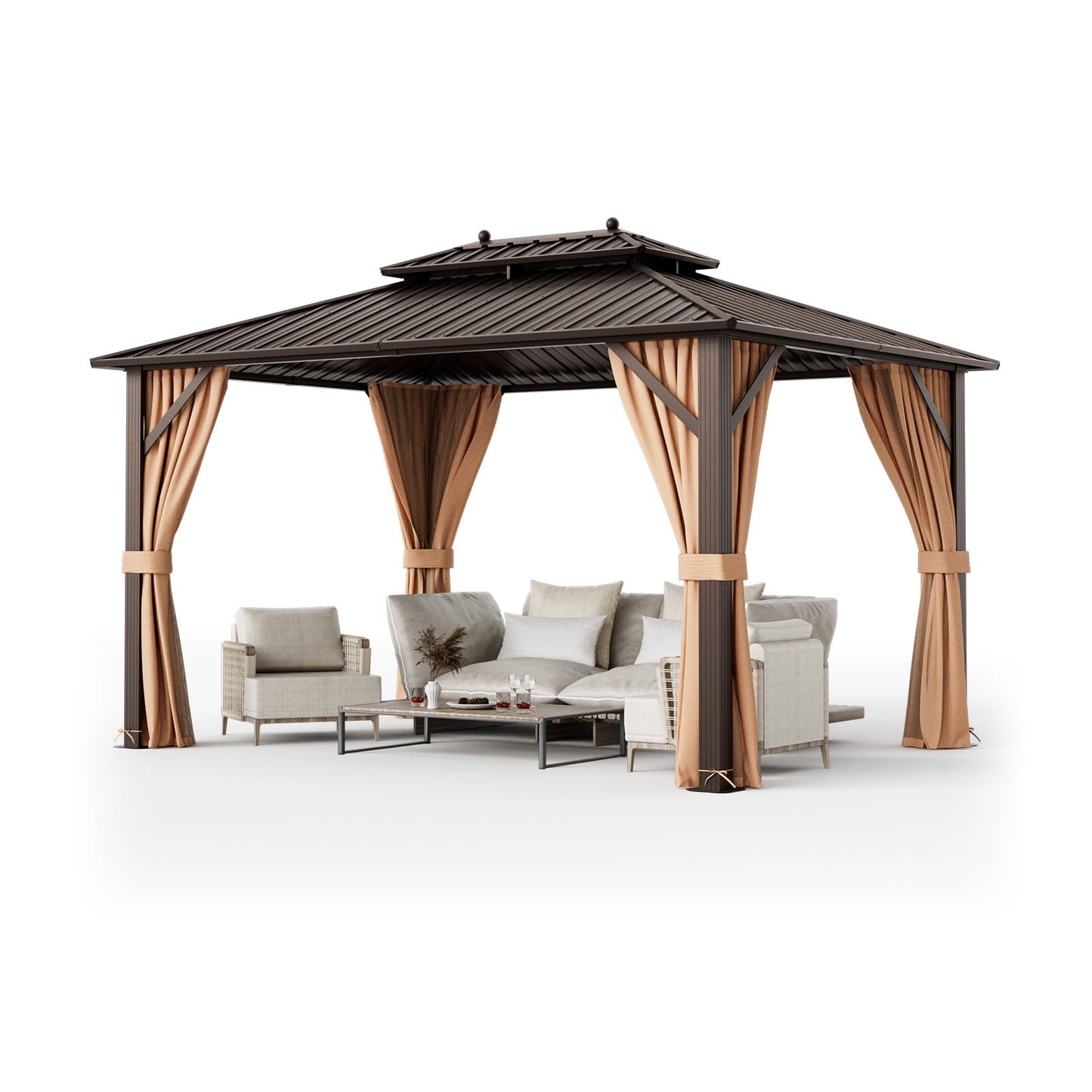 10x13ft Hardtop Gazebo, Galvanized Steel Roof, Curtains, Coffee Gazebos Coffee at Gallery Canada